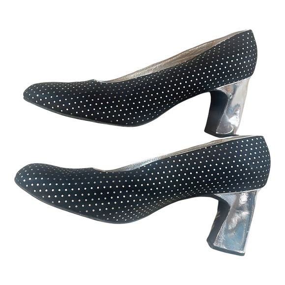 Saks Fifth Avenue Safinia Vintage 50s Black Silver Polka Dot Heels Size 8.5 - Picture 3 of 13